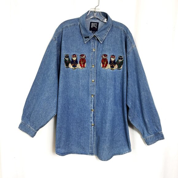 90's Denim Holiday Shirt – Embroidered Cats w/ Sweaters Button-Up Sz 24 VTG - Picture 5 of 15